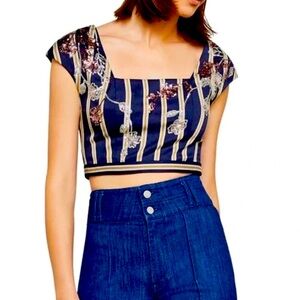 BCBGMaxAzria Navy Floral Sequin Crop Top